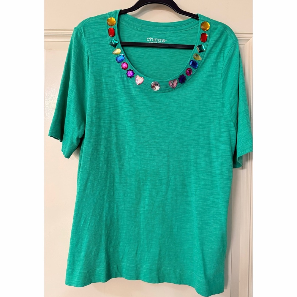 Chico's Turquoise Short-Sleeve Scoop Neck Tee with Multicolor Gem Accents